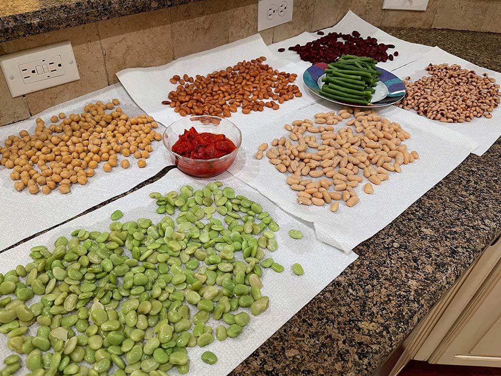 6 kinds of beans laid out on the counter before being made into a bean salad