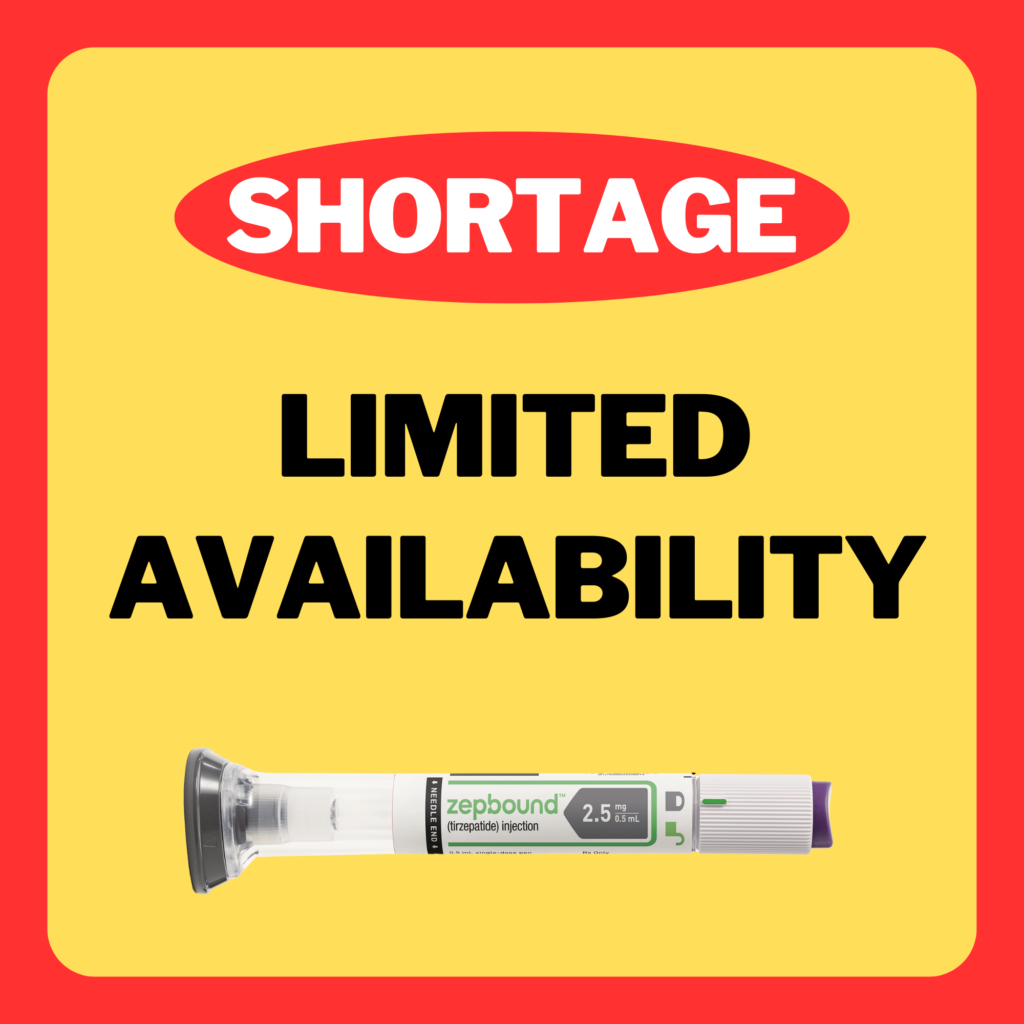 image of Zepbound injection pen with text warning of limited availability; a shortage