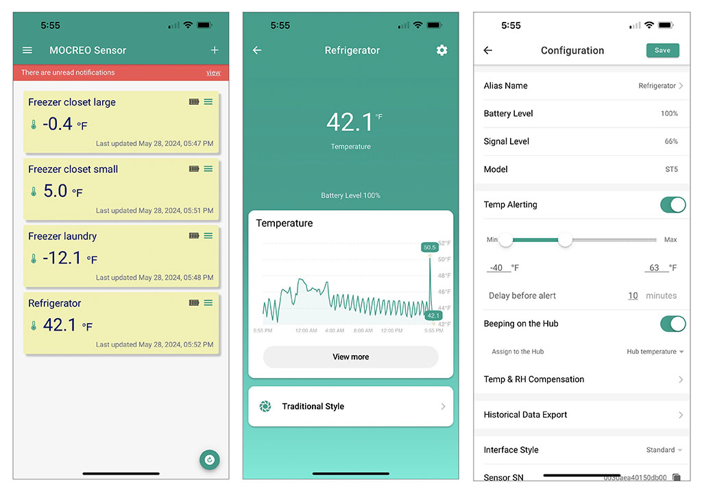 3 screens from the Mocreo ST5 temperature sensor app