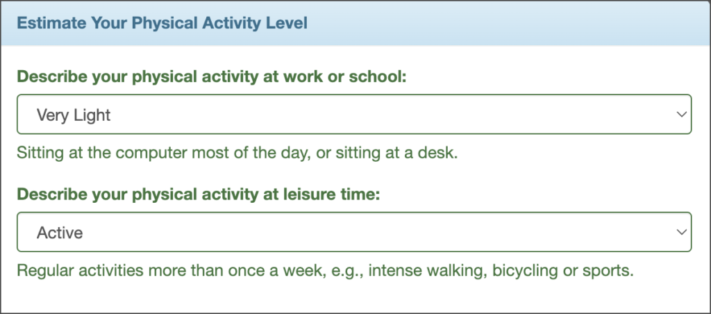 National Institutes of Health calorie calculator, selecting activity levels