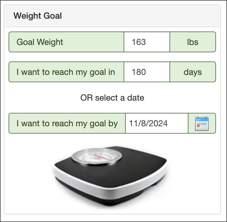 National Institutes of Health calorie calculator, picking goal weight