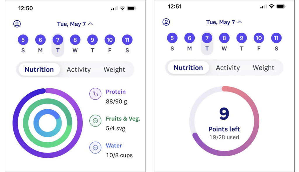 Weight Watchers Clinic app: two panels. First shows protein goal and second shows Weight Watchers points