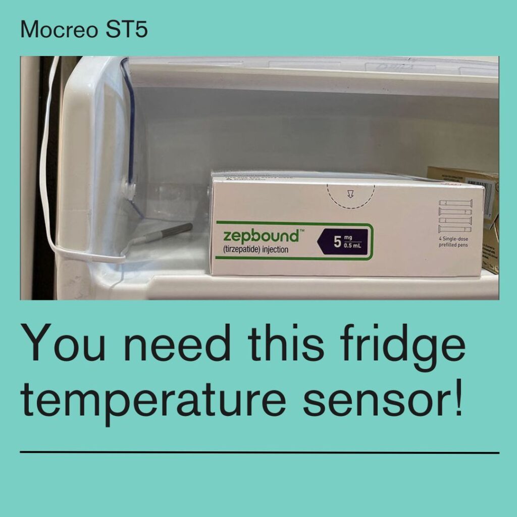 image of open refrigerator door with a box of Zepbound 5mg weight loss shots and the Mocreo ST5 temperature sensor